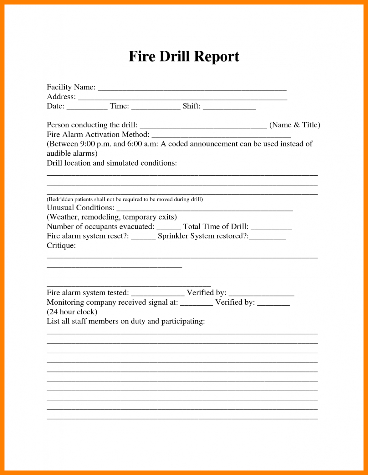 Fire Drill Report Template With Fire Evacuation Drill Report Template