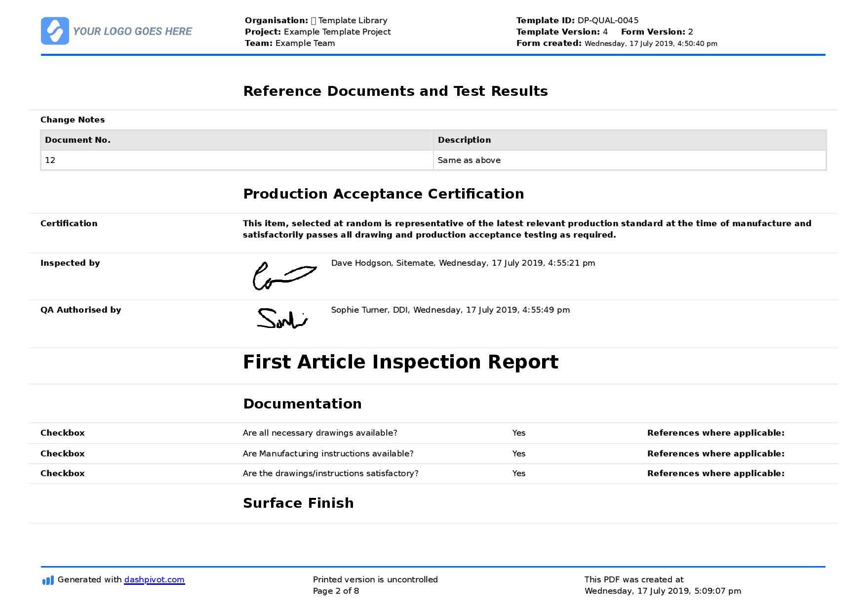 First Article Inspection Form Template: Free & Editable For Welding Inspection Report Template