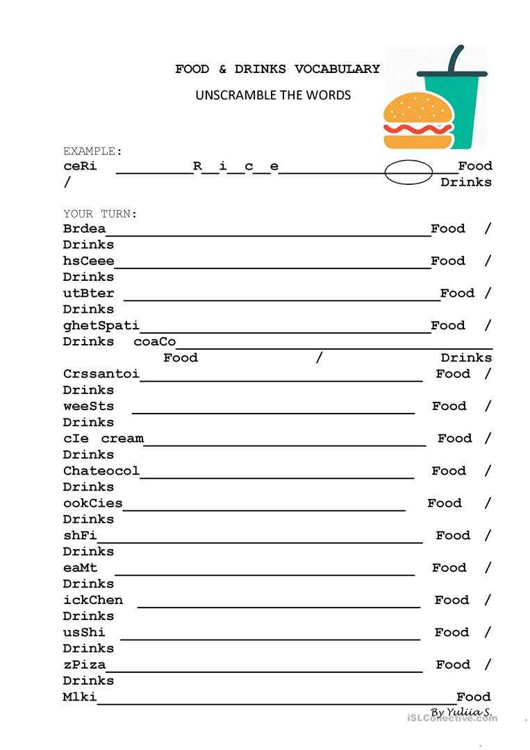 Food And Drinks Vocabulary Unscramble – English Esl Inside Vocabulary Words Worksheet Template