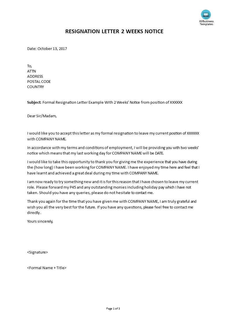 Formal Resignation Letter With 2 Weeks Notice | Templates At With Two Week Notice Template Word