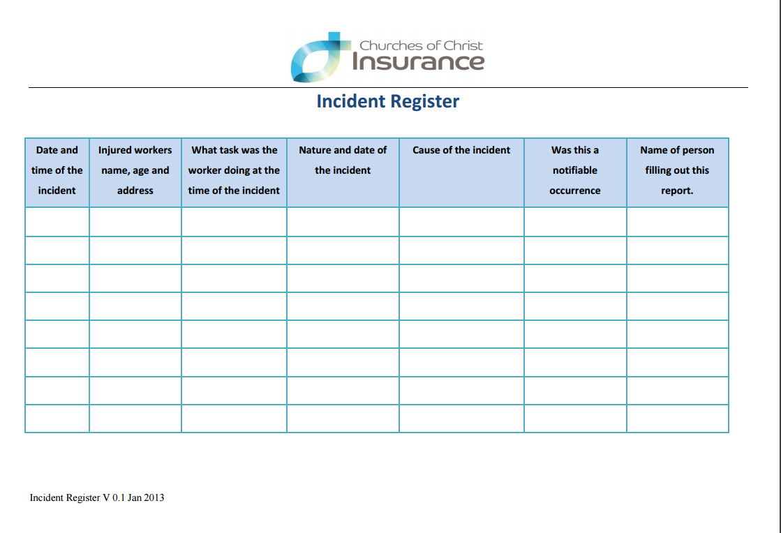 Forms | Churches Of Christ Insurance Intended For Incident Report Register Template