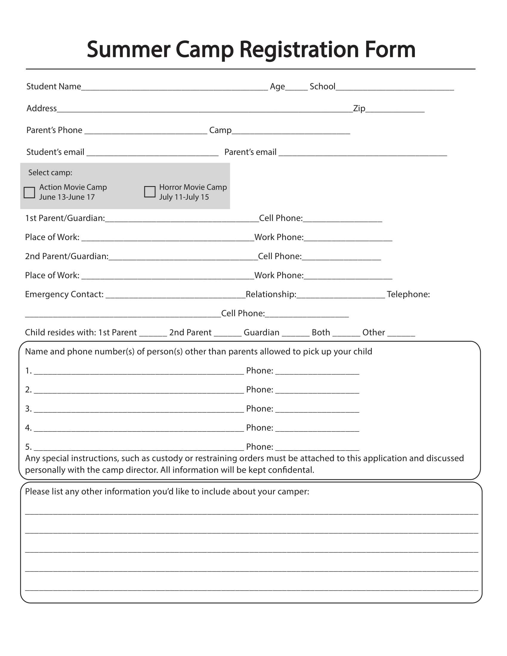 Free 11+ Printable Summer Camp Registration Forms In Pdf Intended For School Registration Form Template Word