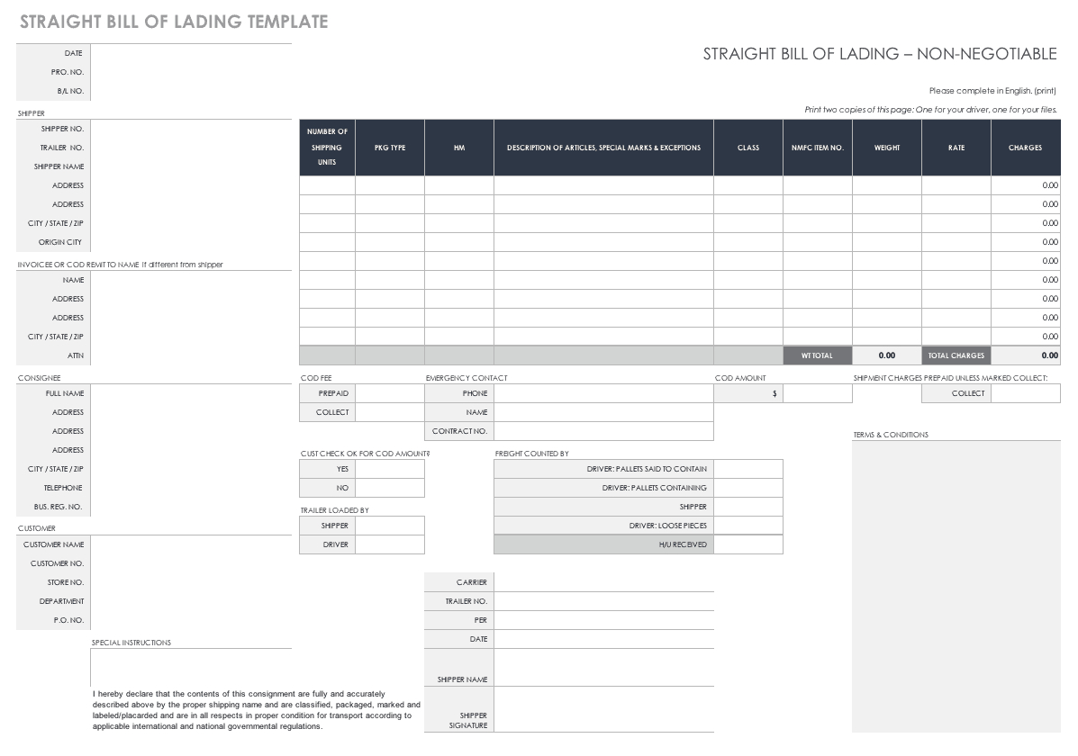 Free Bill Of Lading Templates | Smartsheet Intended For Blank Bol Template