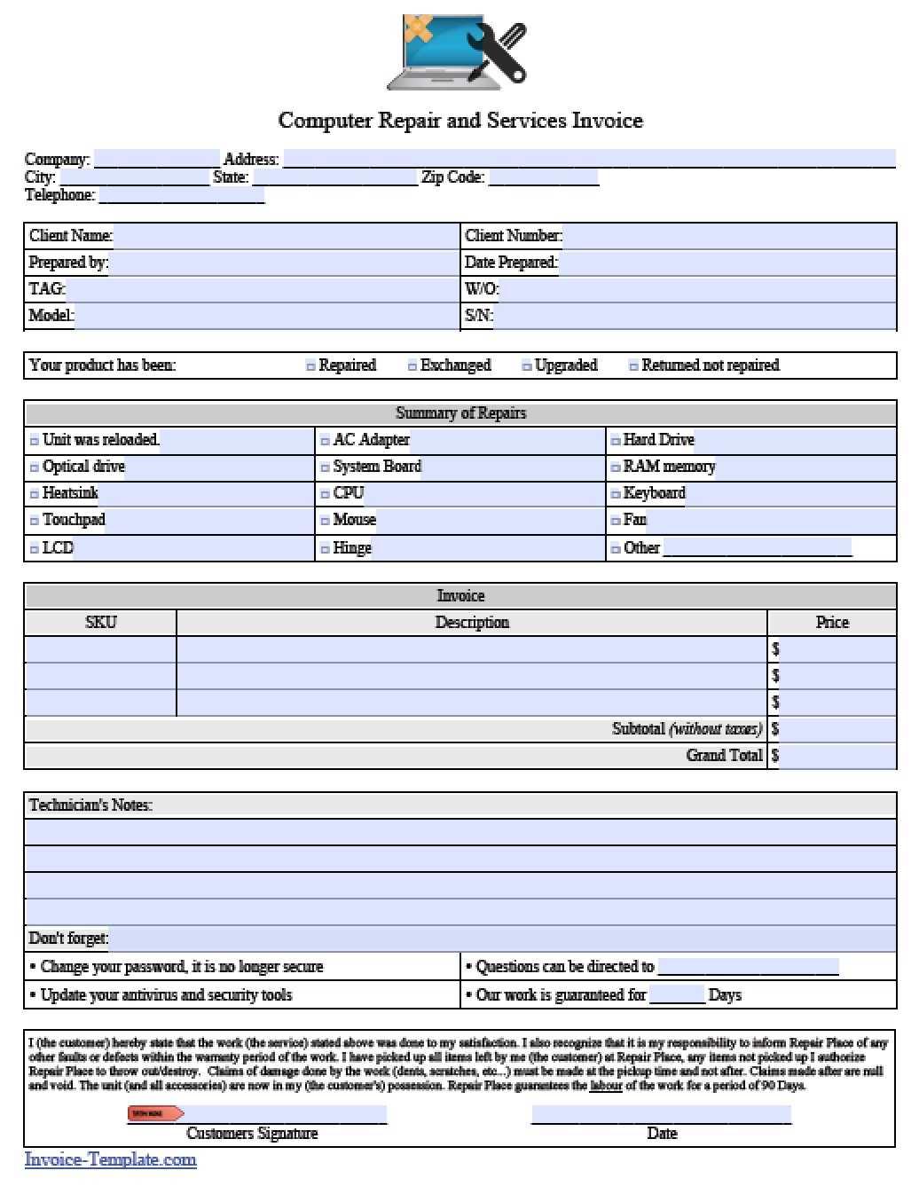 Free Computer Repair Service Invoice Template | Pdf | Word Intended For Computer Maintenance Report Template