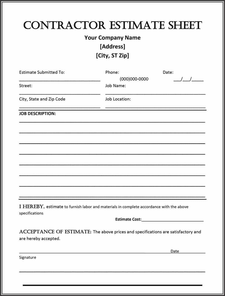 Free Estimate Forms For Contractors - Dalep.midnightpig.co Throughout Blank Estimate Form Template