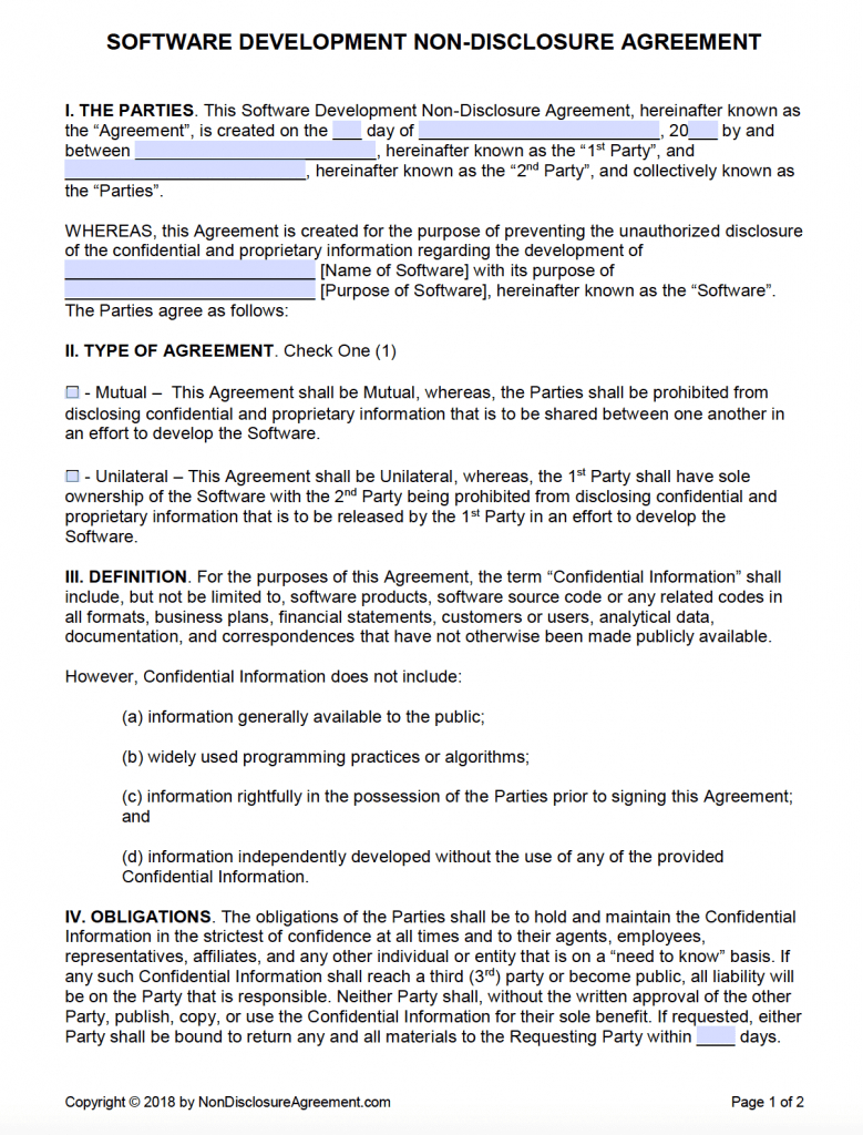 Free Software Development Non Disclosure Agreement (Nda Regarding Nda Template Word Document