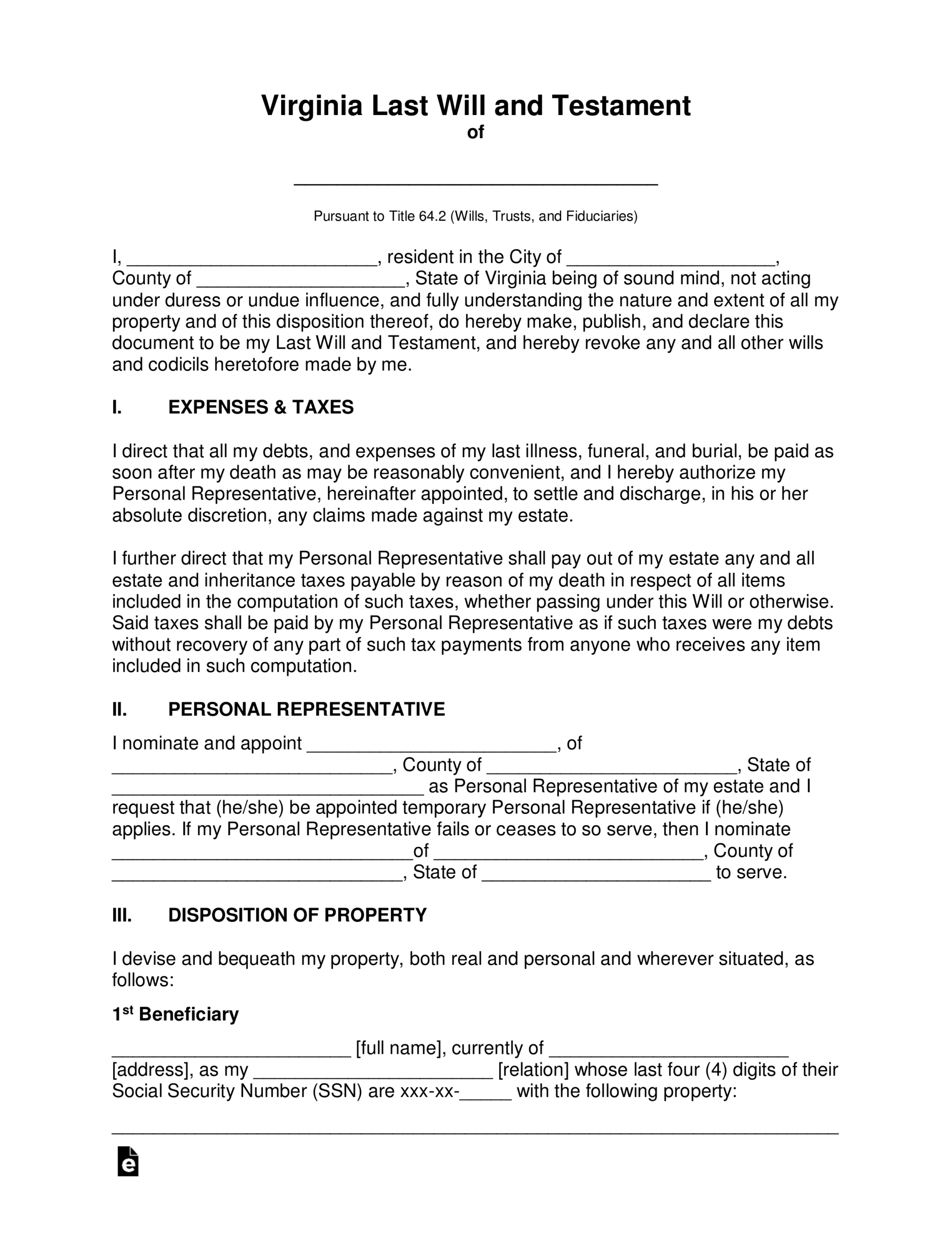 Free Virginia Last Will And Testament Template – Pdf | Word Regarding Blank Legal Document Template