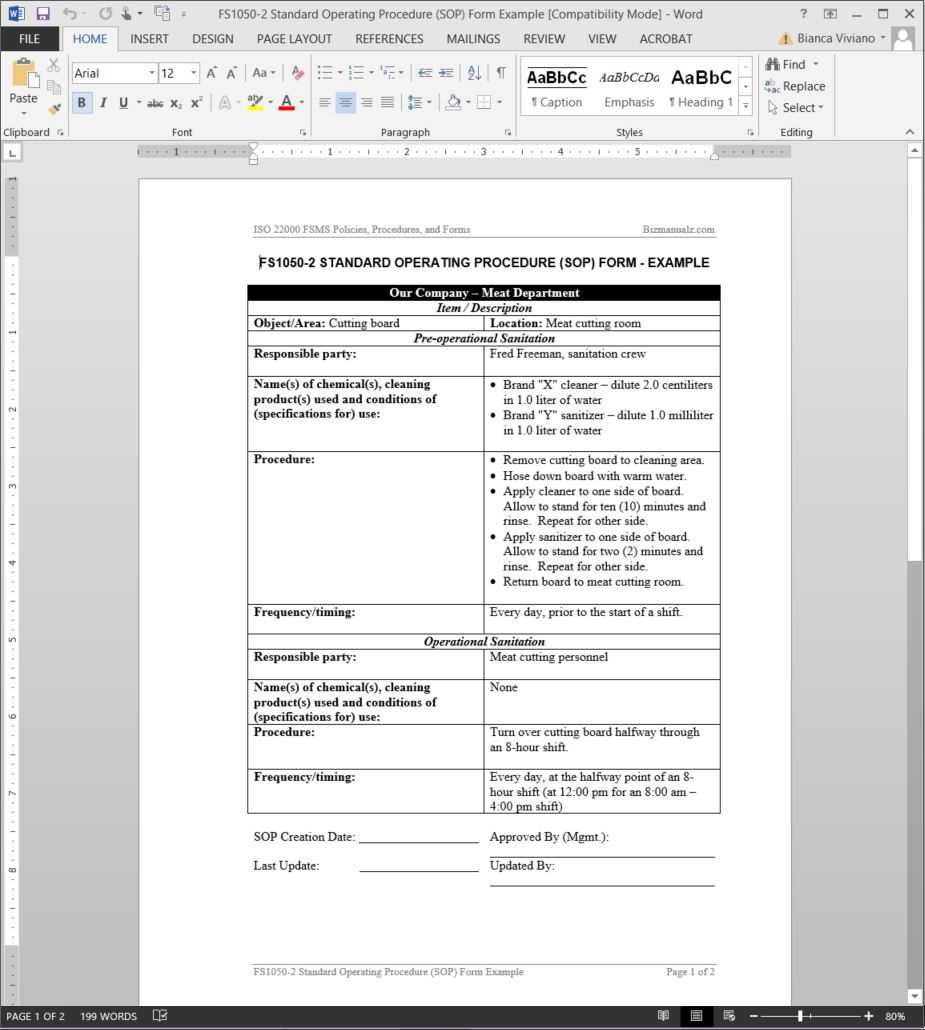 Fsms Standard Operating Procedure Sop Form Template | Fds1050 2 With Regard To Procedure Manual Template Word Free
