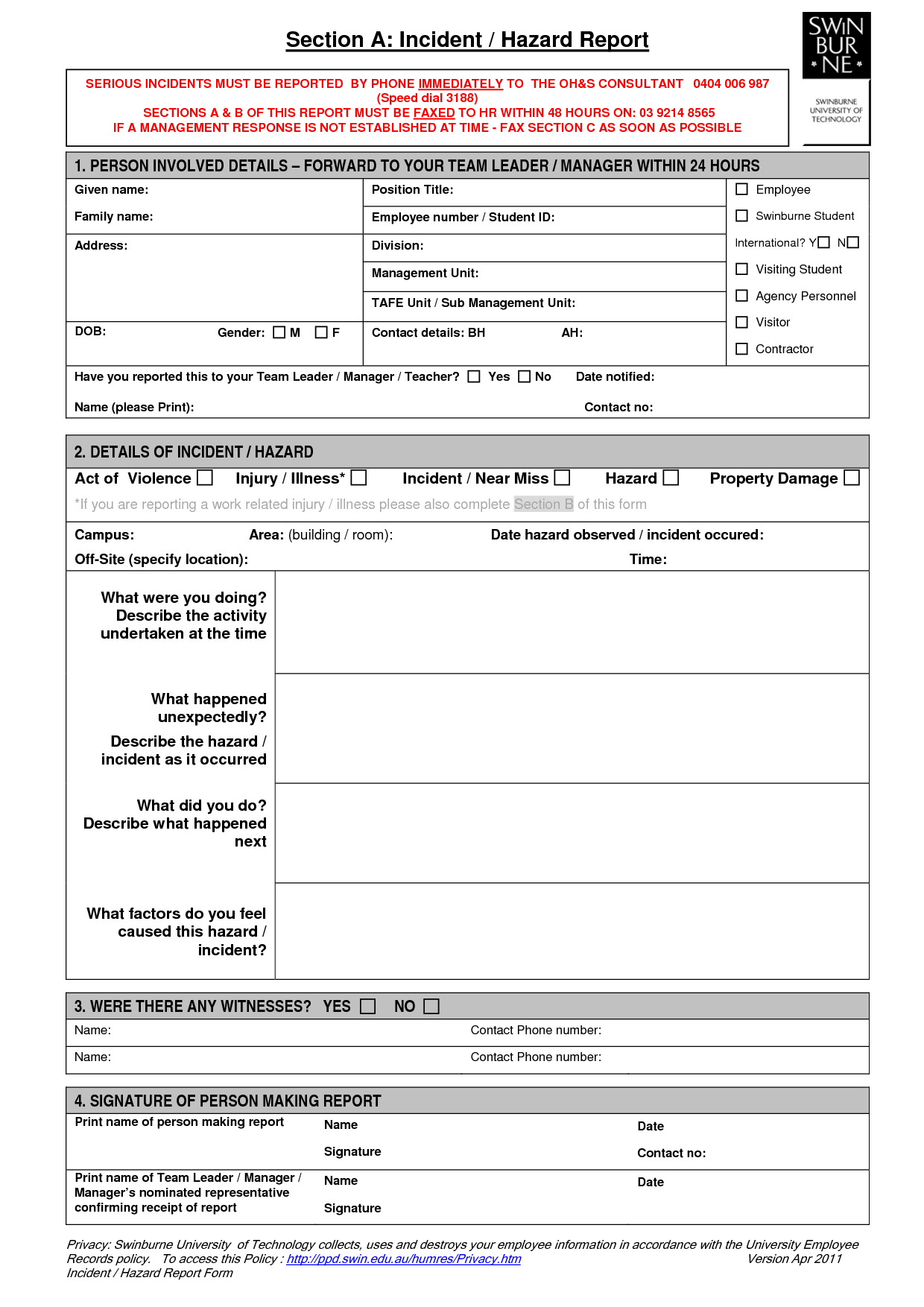 Hazard Incident Report Form Template – Business Template Ideas Pertaining To Hazard Incident Report Form Template