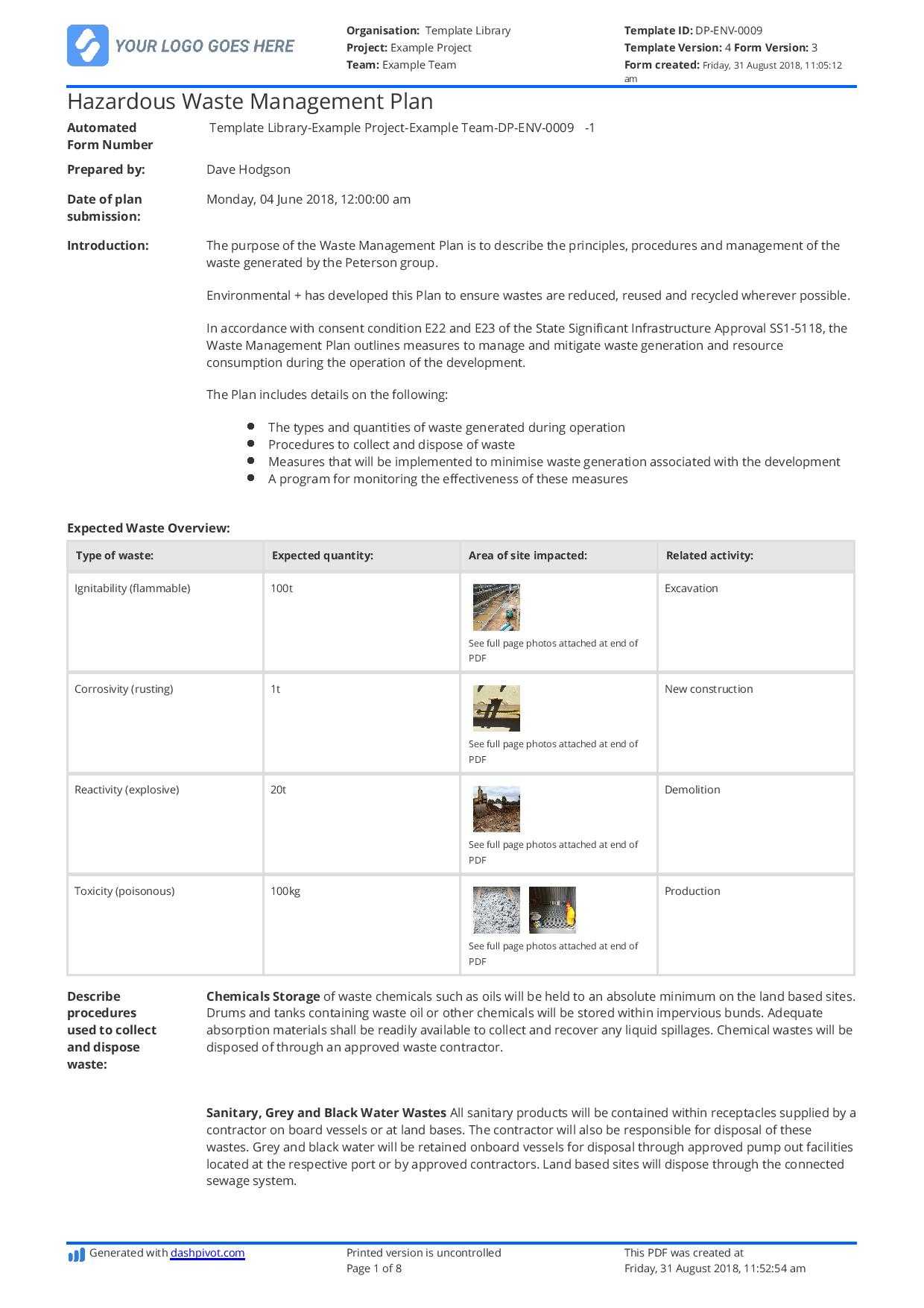 Hazardous Waste Management Plan Template – Free And Editable With Regard To Waste Management Report Template