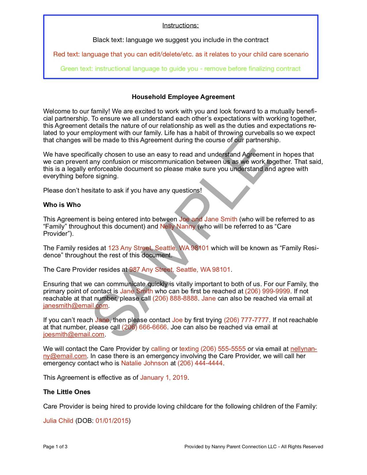 Household Employee Agreement | Nanny Parent Connection Throughout Nanny Contract Template Word
