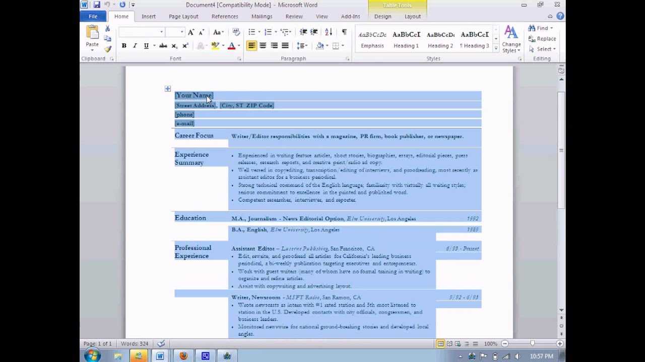 How To Create A Resume On Microsoft Word 2010 – Calep In Resume Templates Word 2010
