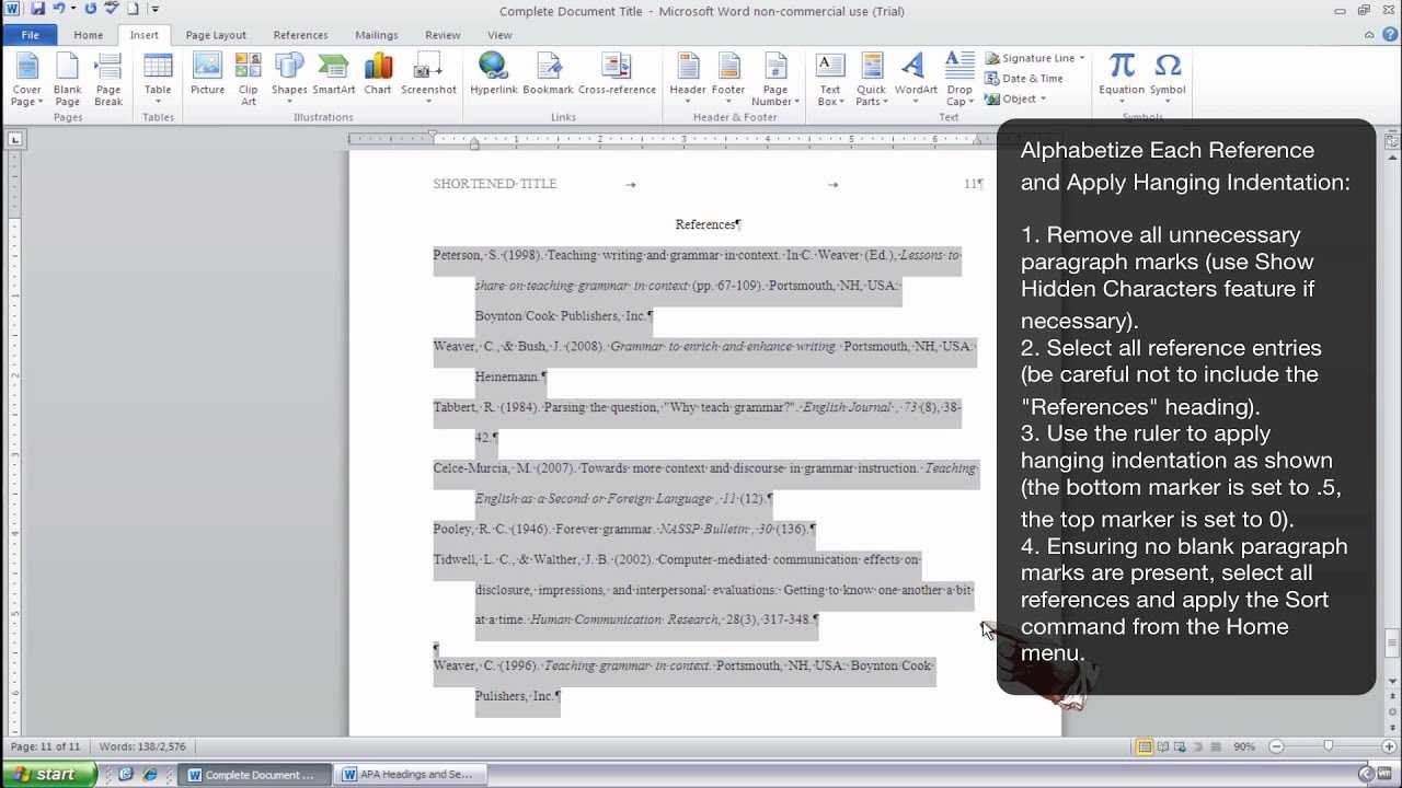 How To Format An Apa Style References Page Using Ms Word 2010 (Windows) With Regard To Apa Template For Word 2010