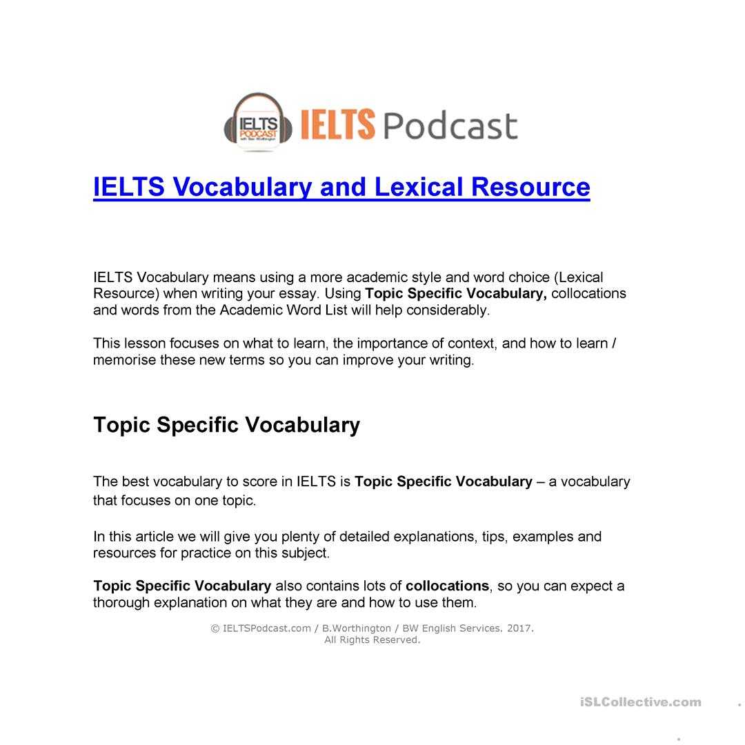 Ielts Vocabulary And Lexical Resource – English Esl Regarding Vocabulary Words Worksheet Template