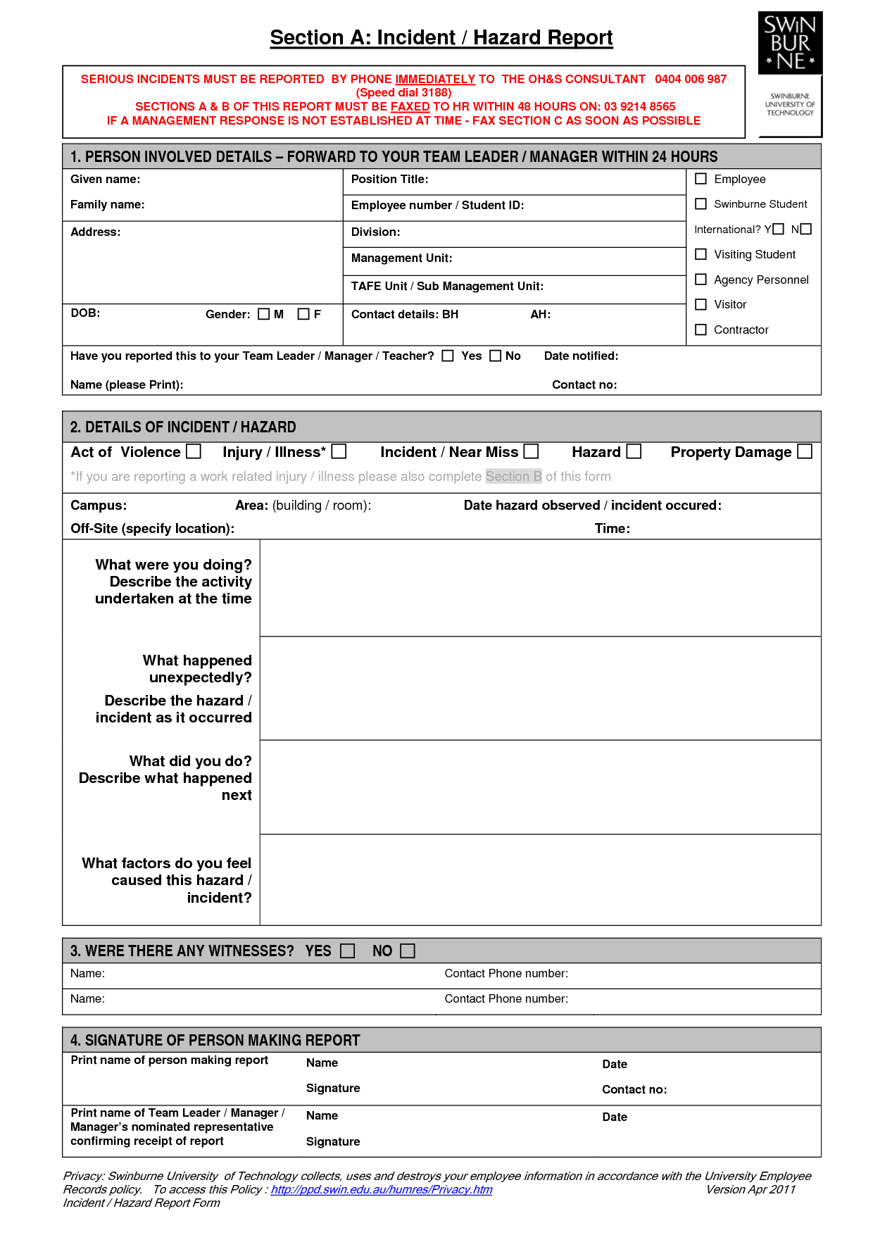 Inspirational Incident Hazard Report Form Template Sample In Injury Report Form Template