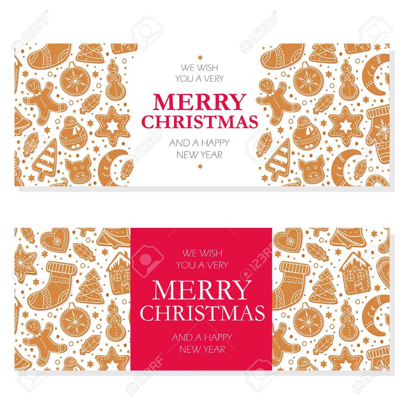 Invitation Merry Christmas Banner And Card Design Template. Homemade  Gingerbread Cookies Figures Of Snowman, Pig And Sock, Gingerbread Men,  Stars In Within Homemade Banner Template