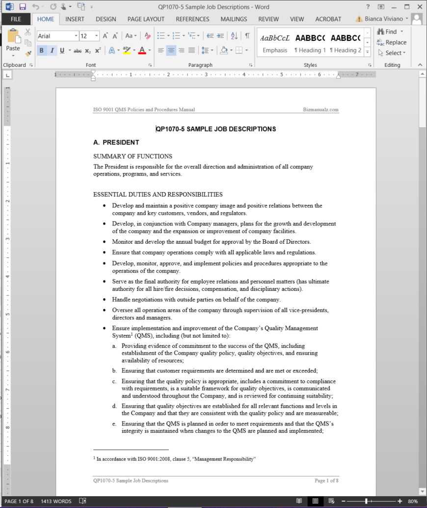 Job Descriptions Iso Template | Qp1070 5 Intended For Job Descriptions Template Word