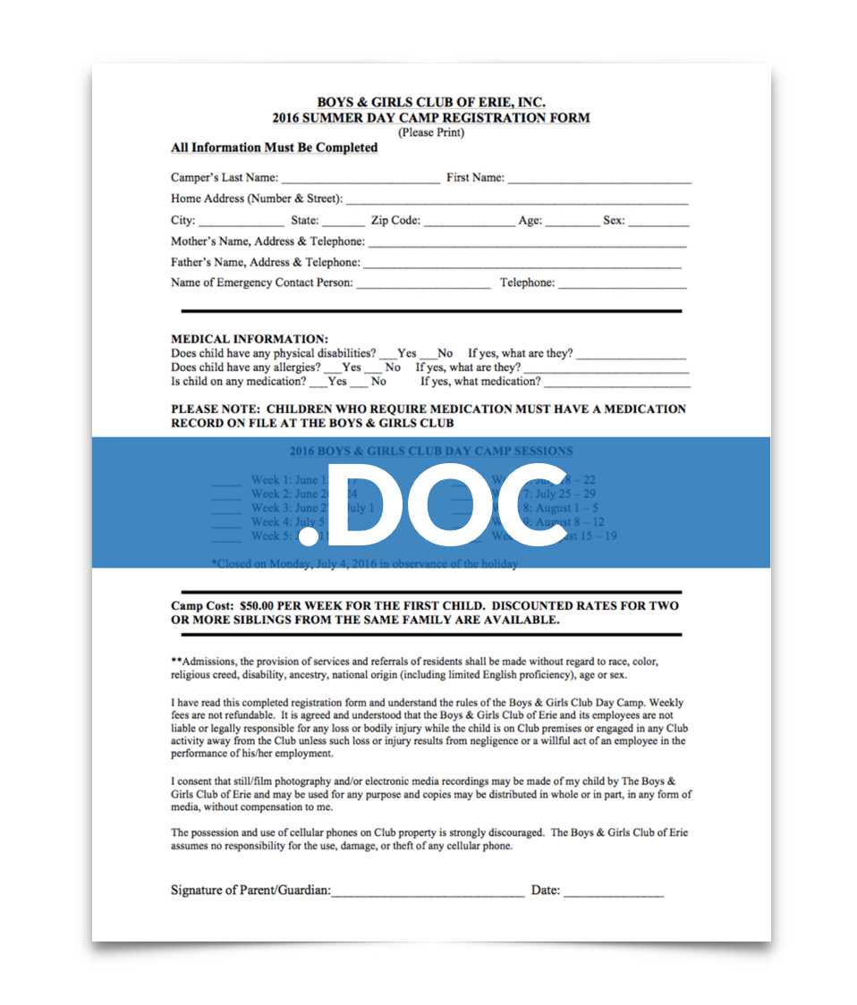 Join The Club — Boys & Girls Club Of Erie Inside Camp Registration Form Template Word