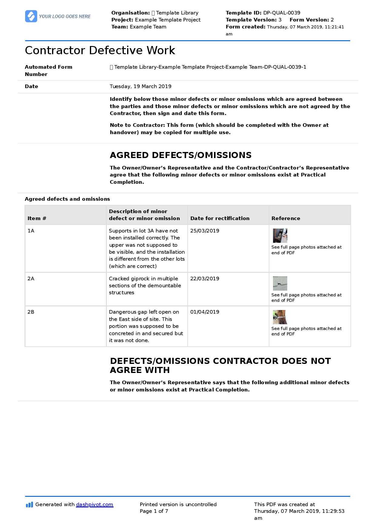 Letter To Contractor For Defective Work: Sample Letter And In Construction Deficiency Report Template