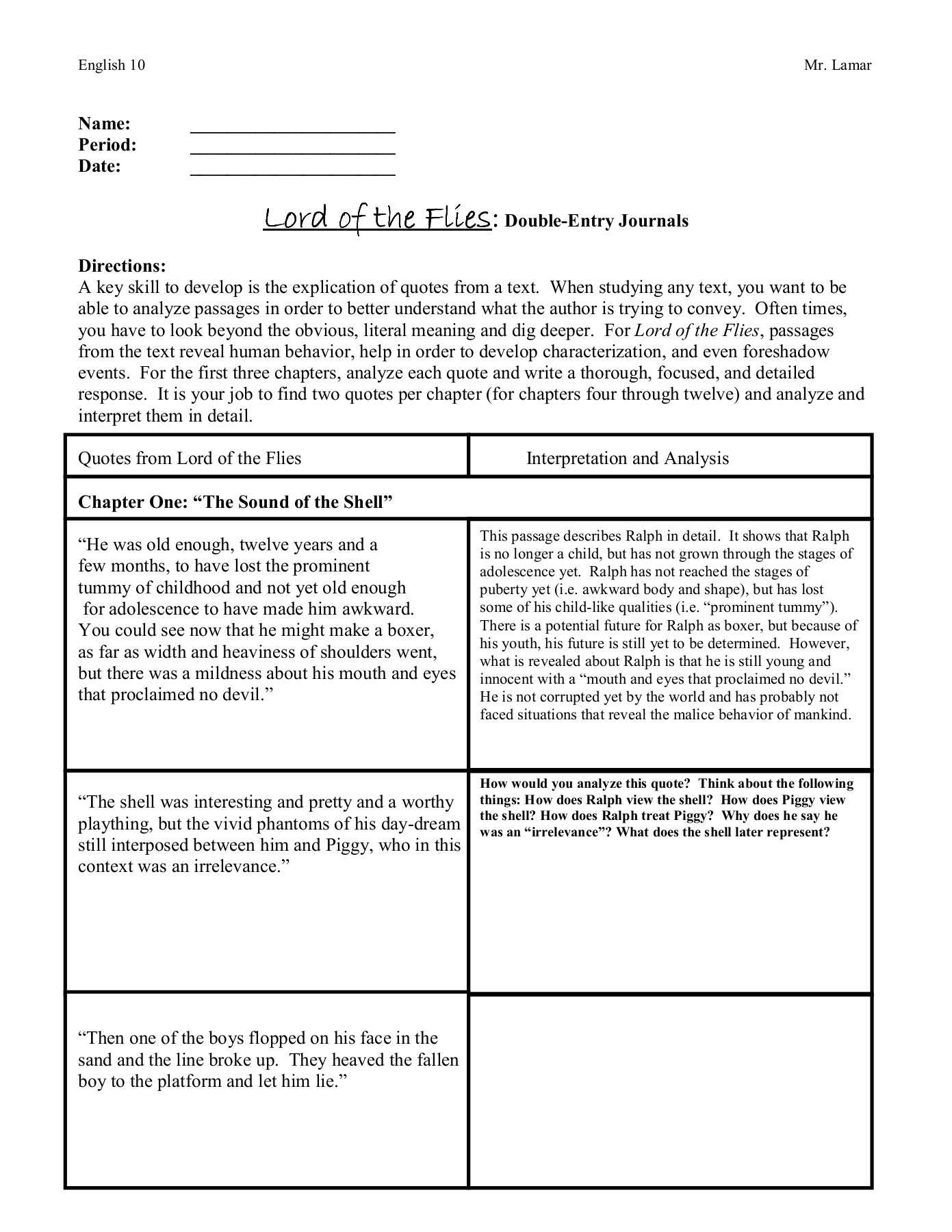 Lord Of The Flies:::: Double Entry Journals Pages 1 – 10 With Regard To Double Entry Journal Template For Word