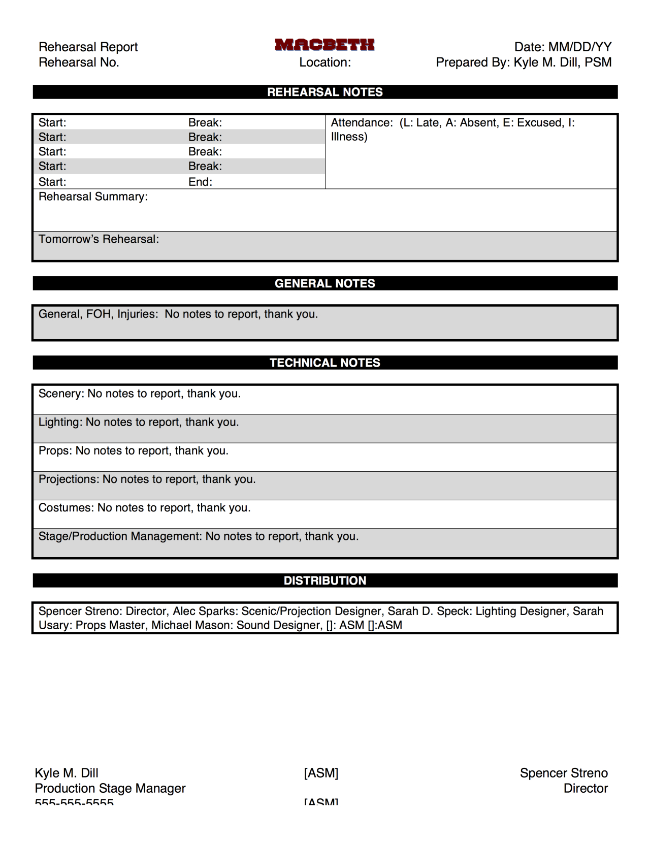 Macbeth@su Production Blog — Here's The Template For Our In Rehearsal Report Template