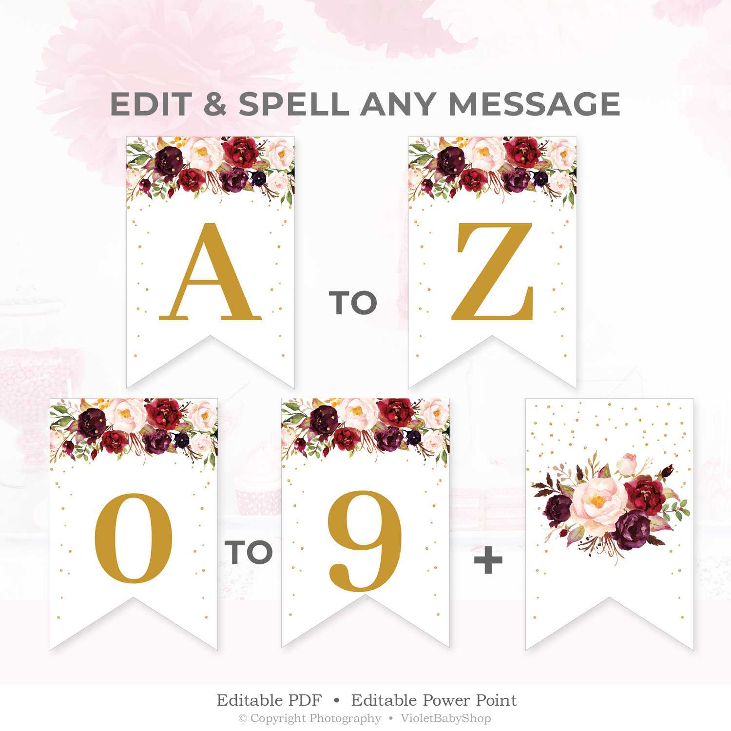 Marsala Custom Party Banner Template, Printable Burgundy Floral Pennant,  Blush Floral Baby Shower Banner Template Instant Download Mgfs6 Inside Baby Shower Banner Template