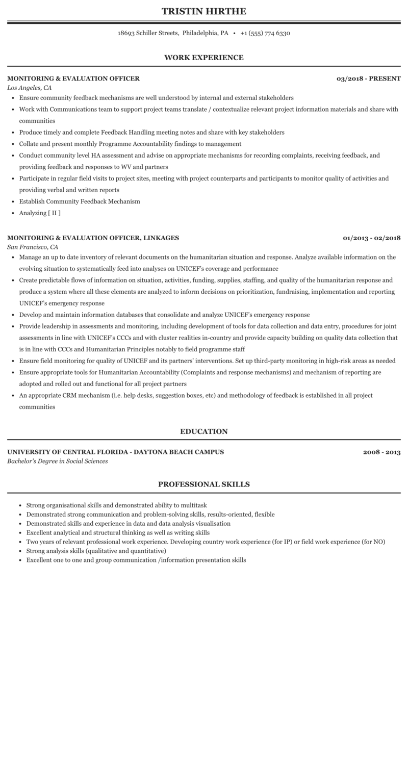 Monitoring & Evaluation Officer Resume Sample | Mintresume Pertaining To Monitoring And Evaluation Report Writing Template