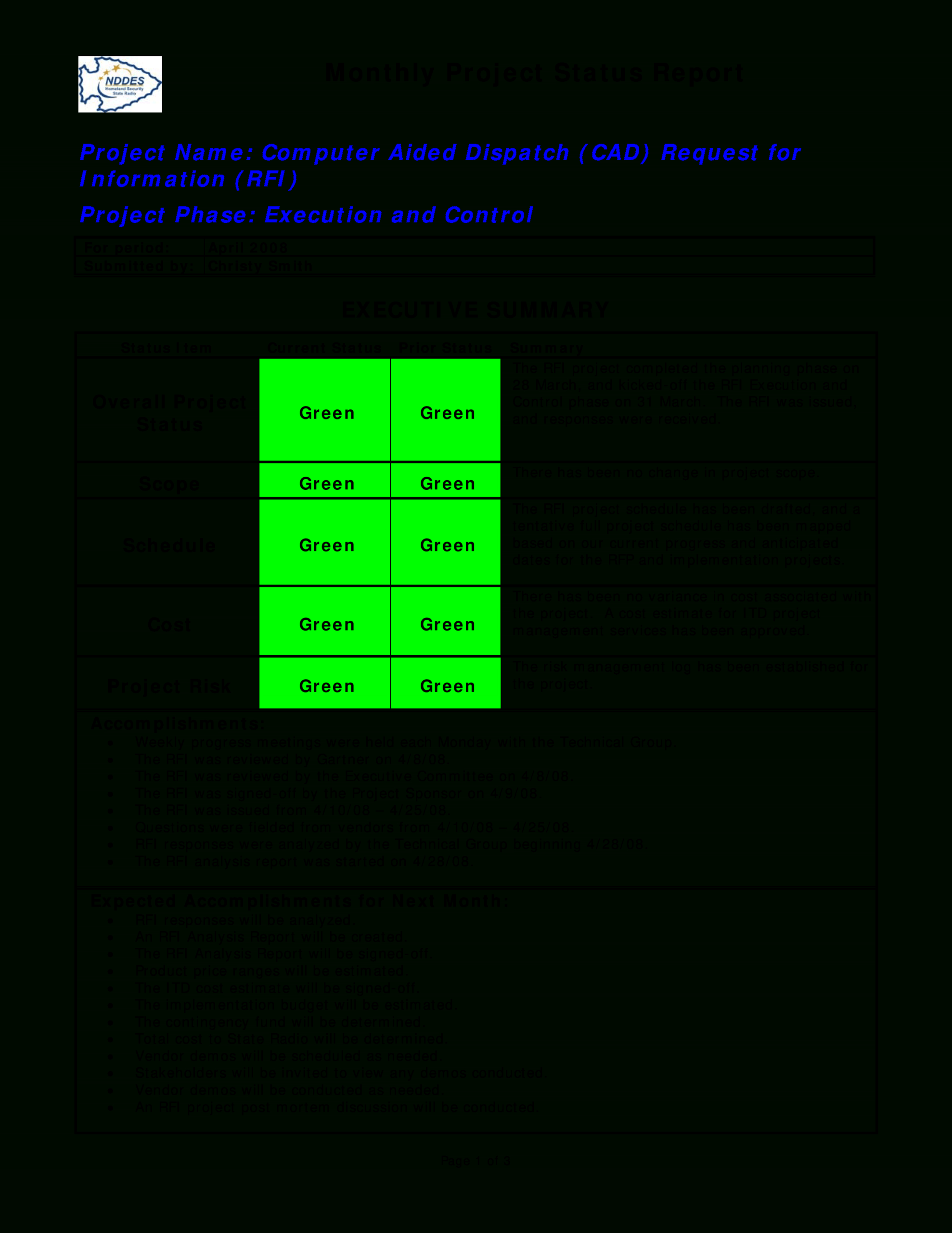 Monthly Project Progress Report Template - Calep.midnightpig.co For Monthly Status Report Template