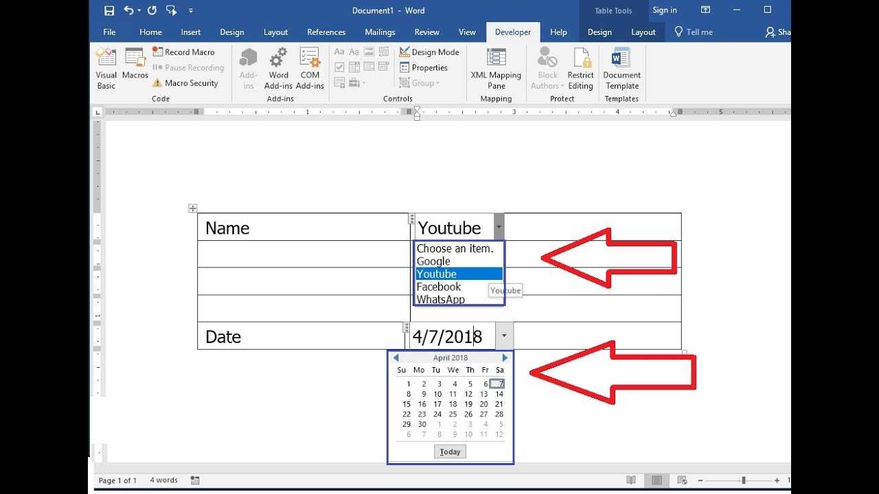 Ms Word: How To Create Drop Down List Of Date Calendar & Name Throughout Word 2010 Templates And Add Ins