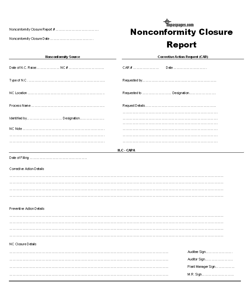 Nonconformity Closure Report Format For Closure Report Template