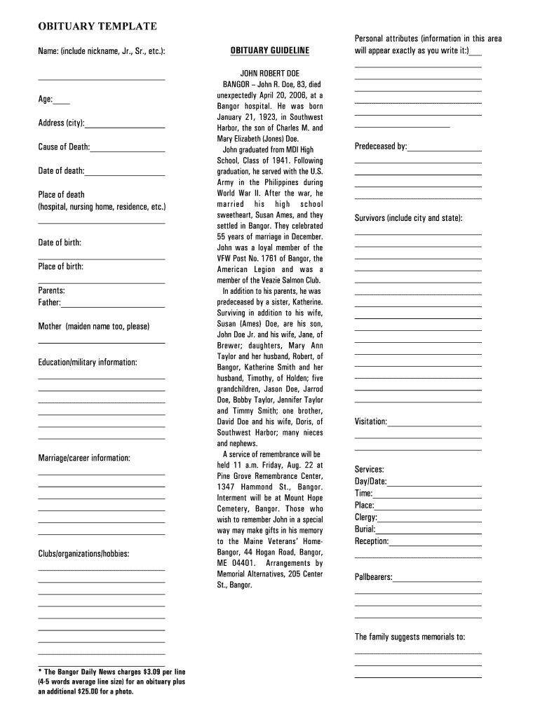 Obituary Template – Fill Online, Printable, Fillable, Blank With Free Obituary Template For Microsoft Word