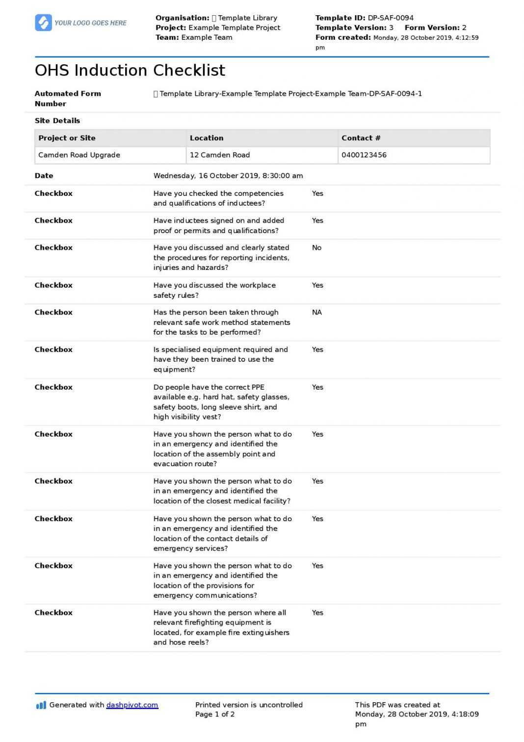 Ohs Monthly Report Template Audit Hazard Inspection Checklist Inside Ohs Monthly Report Template