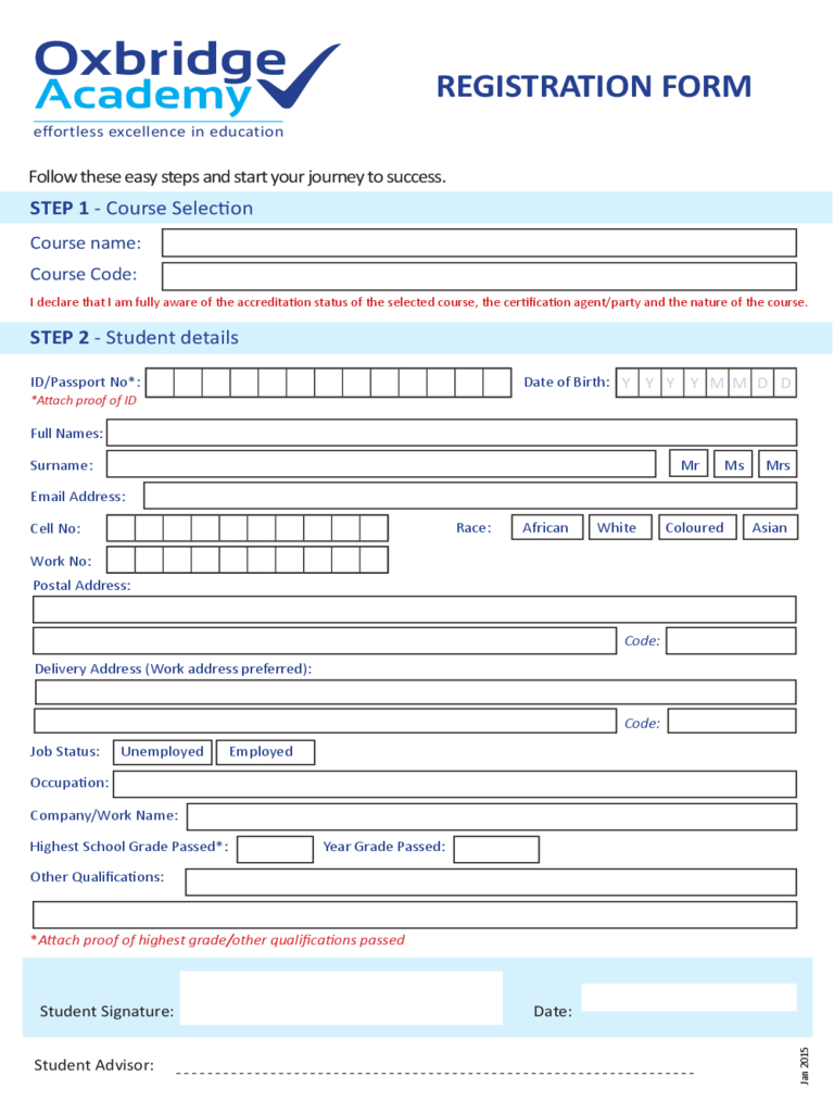 Oxbridge Academy Registration Form – 1 Free Templates In Pdf Inside Registration Form Template Word Free