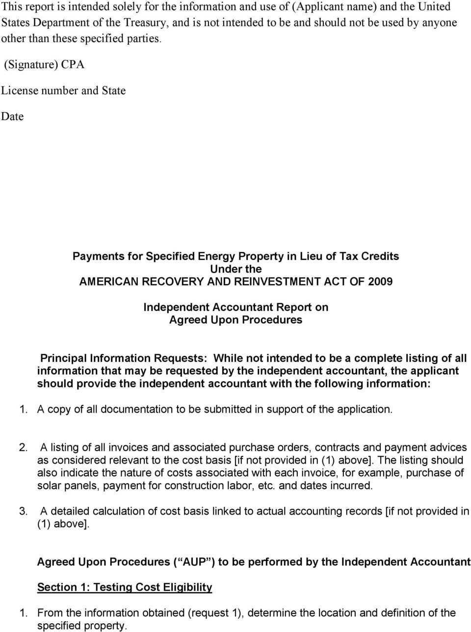 Payments For Specified Energy Property In Lieu Of Tax Within Agreed Upon Procedures Report Template