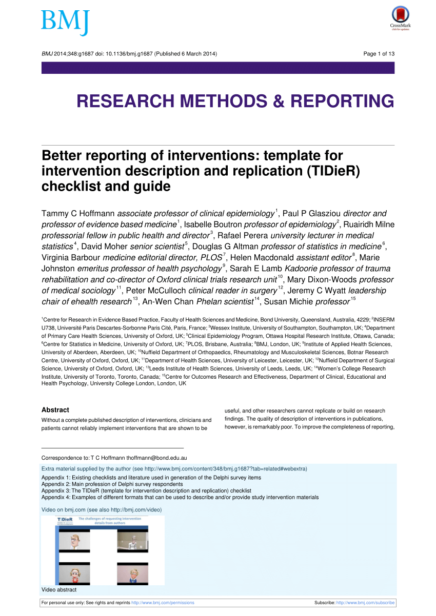 Pdf) [Better Reporting Of Interventions: Template For Throughout Intervention Report Template