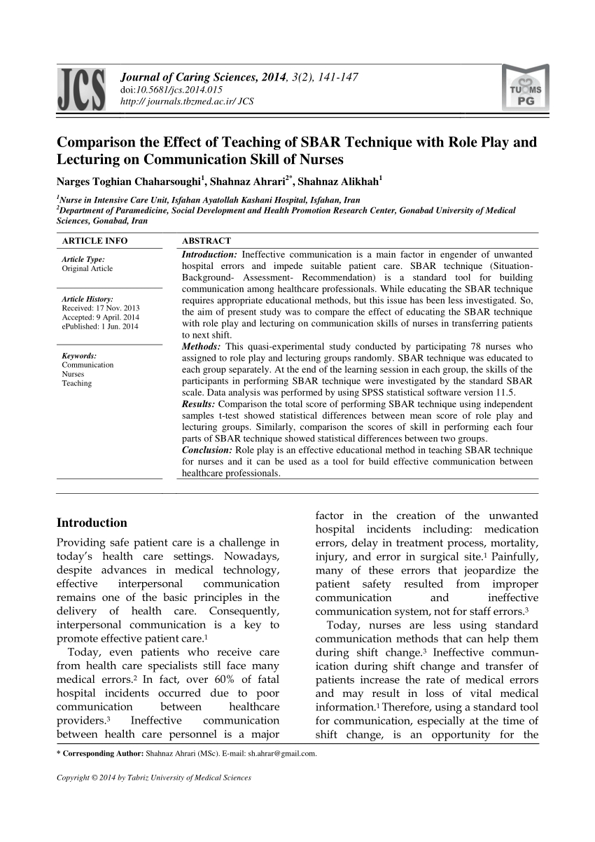 Pdf) Comparison The Effect Of Teaching Of Sbar Technique Intended For Sbar Template Word