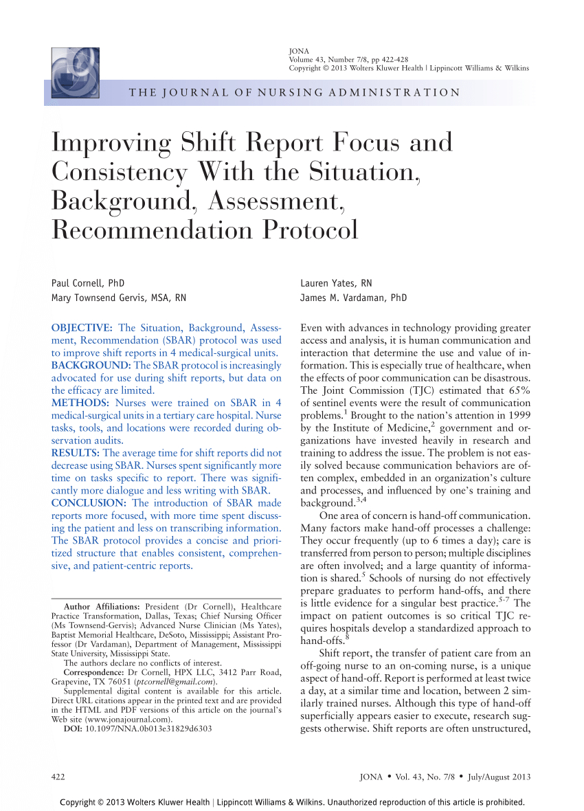 Pdf) Improving Shift Report And Accuracy With Sbar Pertaining To Nursing Shift Report Template