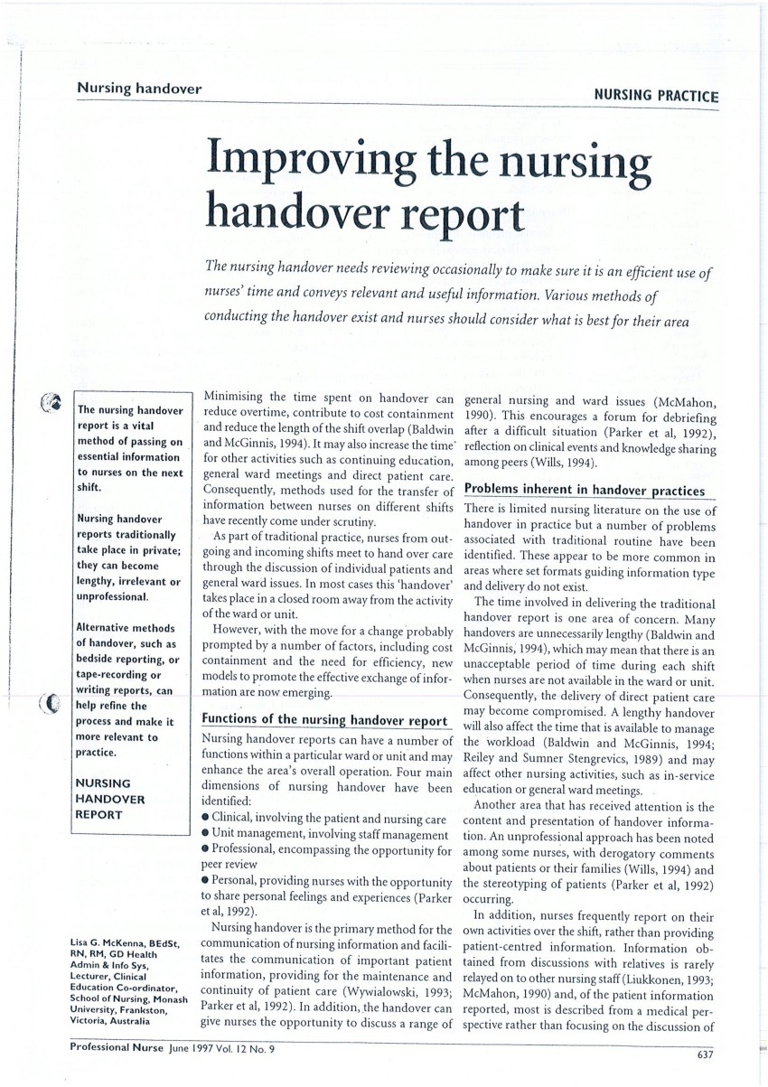 Pdf) Improving The Nursing Handover Report Intended For Nursing Handoff Report Template