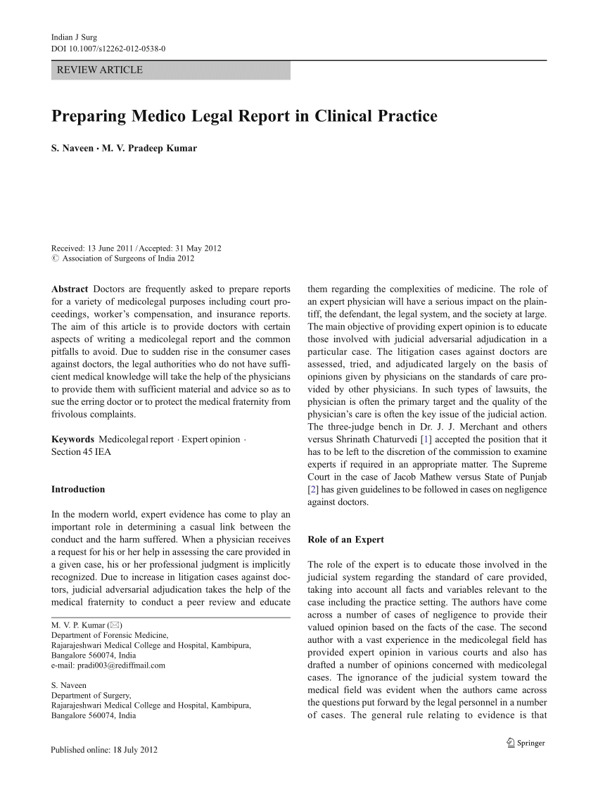 Pdf) Preparing Medico Legal Report In Clinical Practice Within Medical Legal Report Template