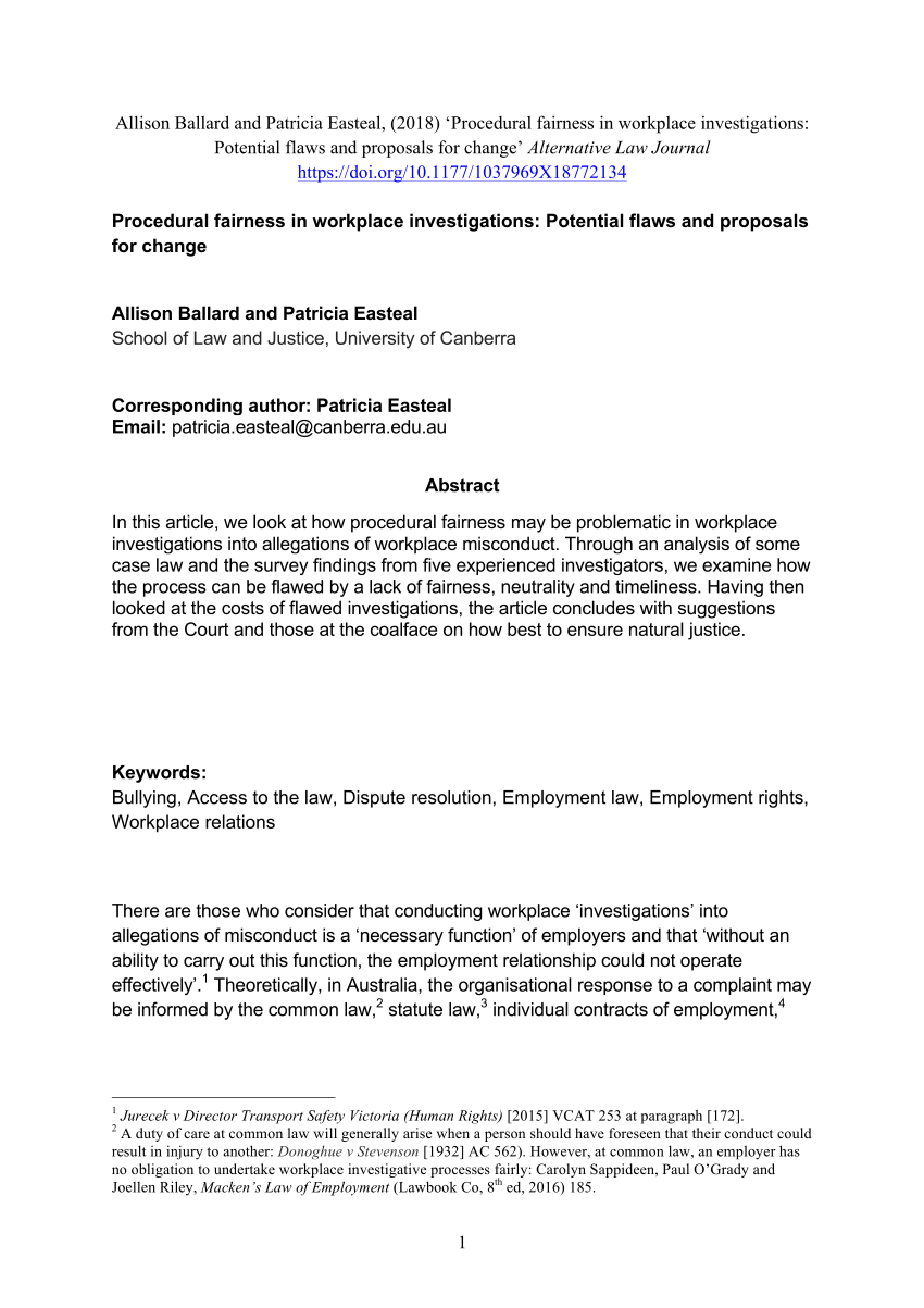 Pdf) Procedural Fairness In Workplace Investigations Regarding Hr Investigation Report Template