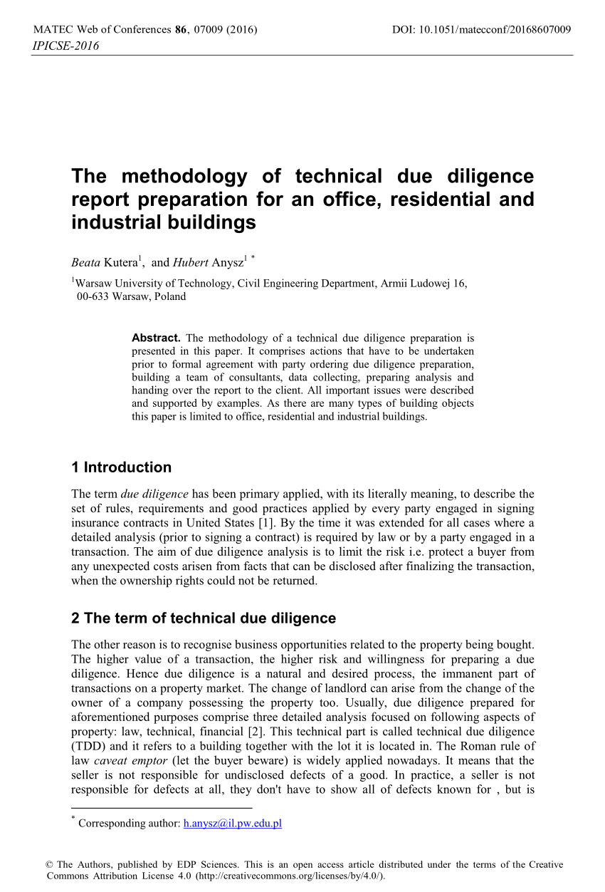 Pdf) The Methodology Of Technical Due Diligence Report For Vendor Due Diligence Report Template