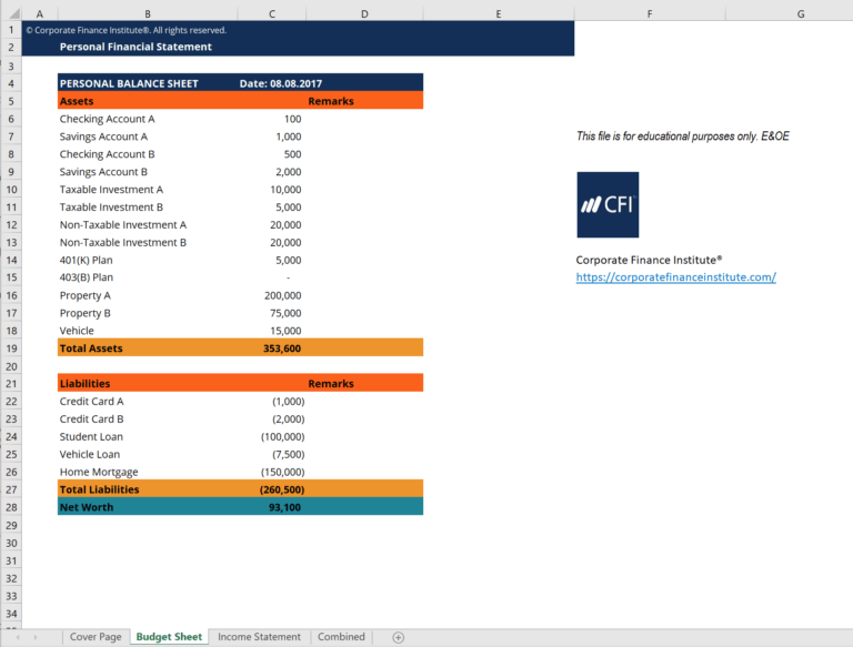Personal Financial Statement Excel Template Get Free Template with Personal Financial Statement Excel Template Get Free Template with