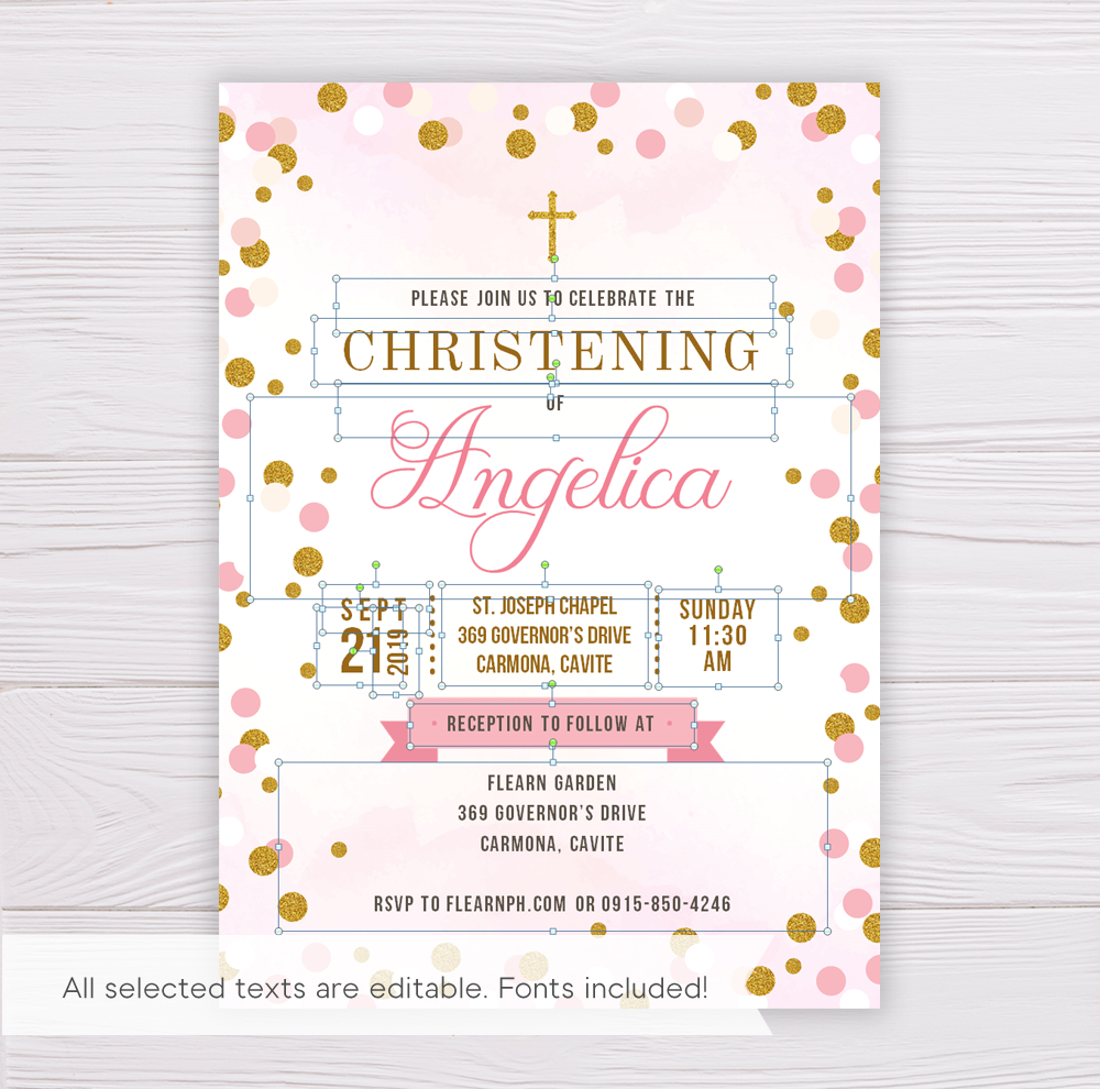 Pink & Gold Dots Christening Invitation Template In Blank Christening Invitation Templates