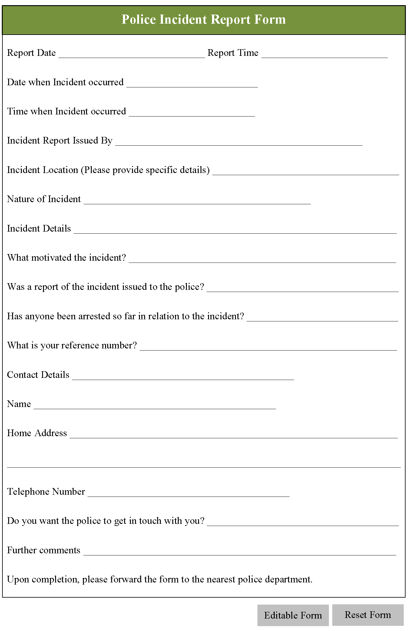 Police Incident Report Form | Editable Forms In Police Incident Report Template