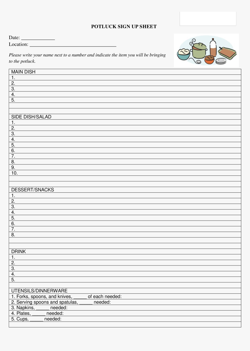 Potluck Signup Sheet Main Image - Printable Sign Up Sheet Inside Potluck Signup Sheet Template Word