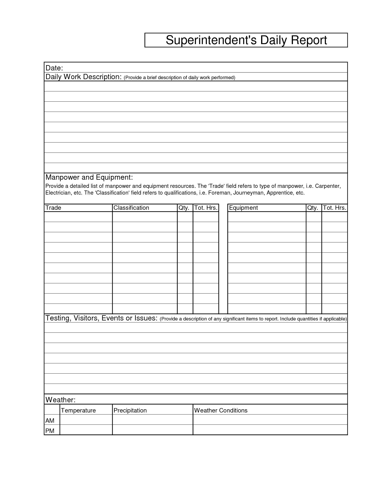 Printable Blank Superintendents Daily Report Sample And Intended For Superintendent Daily Report Template