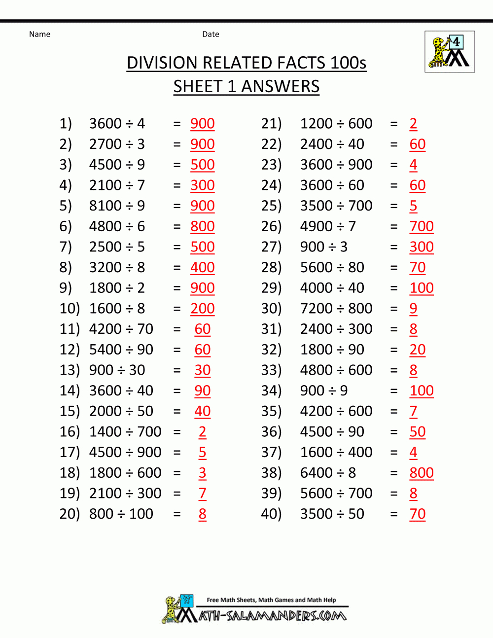 Printable Division Sheets Inside Blank Answer Sheet Template 1 100