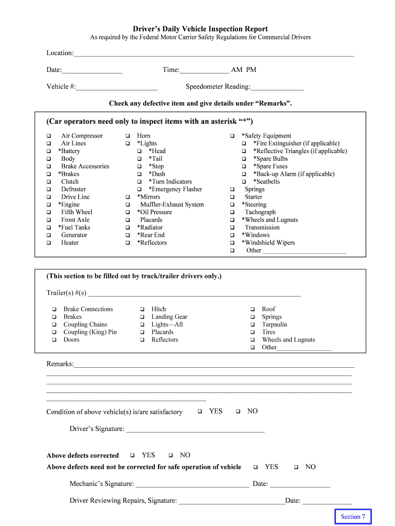 Printable Driver Vehicle Inspection Report Form – Fill For Daily Inspection Report Template