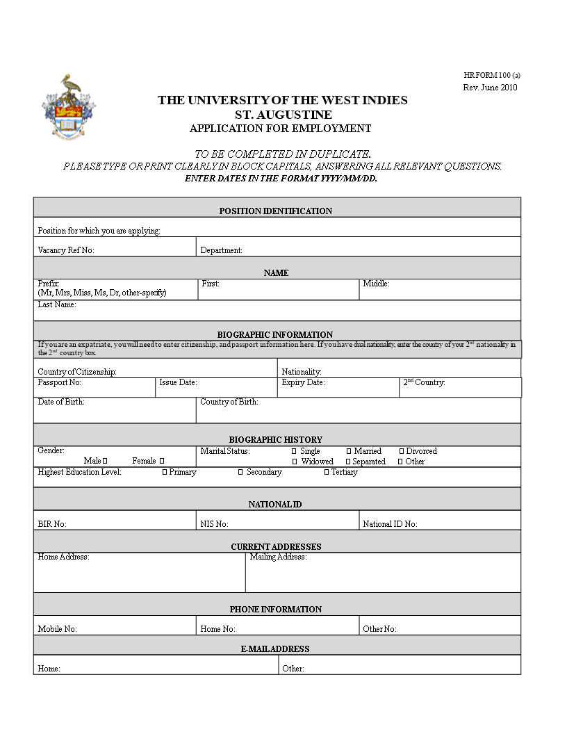 Printable Employment Application Form | Templates At With Regard To Employment Application Template Microsoft Word