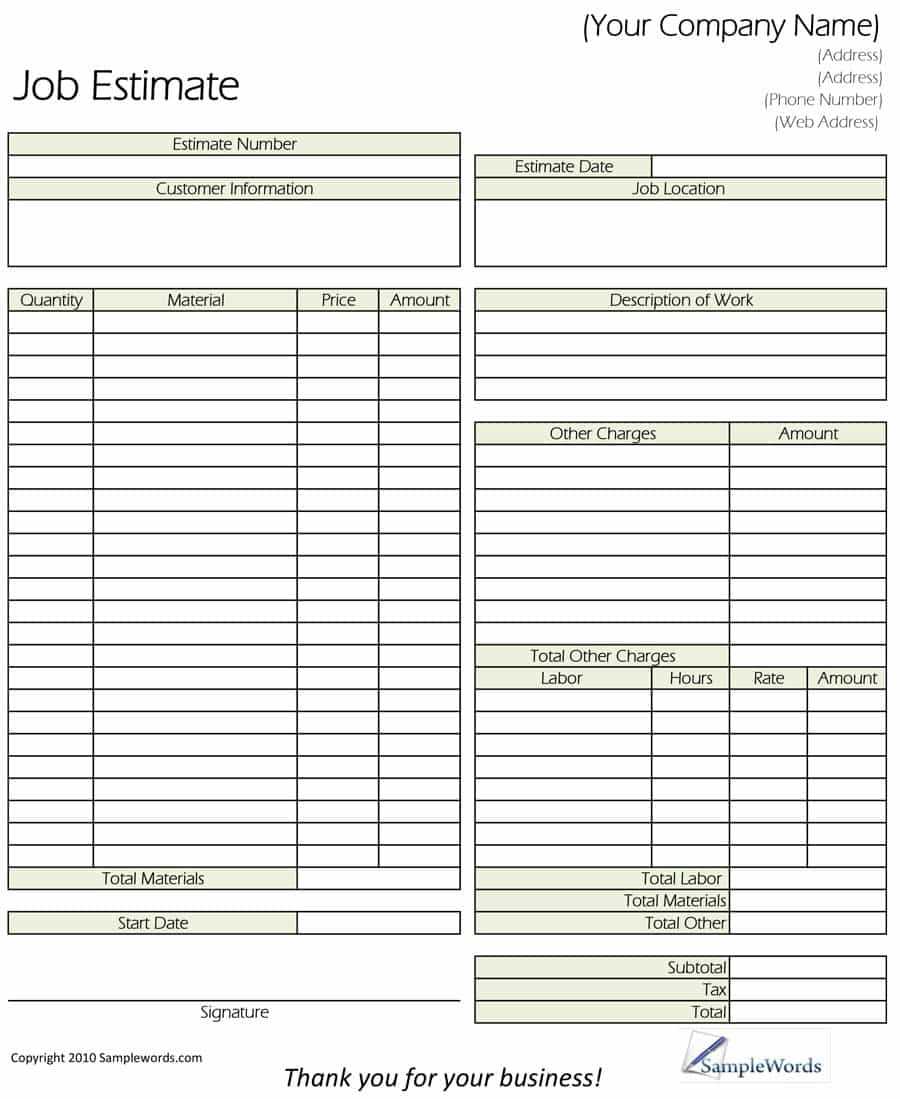 Printable Estimate Sheets – Calep.midnightpig.co Inside Blank Estimate Form Template